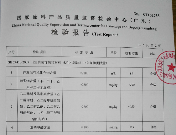 大荷水性特清面漆检测报告